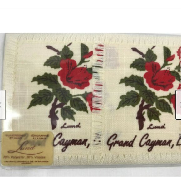 Vtg 4 New Lund Hand Silkscreened Hibiscus Flower Grand Cayman Linen Coasters - Picture 3 of 4
